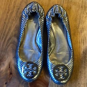 Tory Burch Silver Metallic Snakeskin Reva Flats